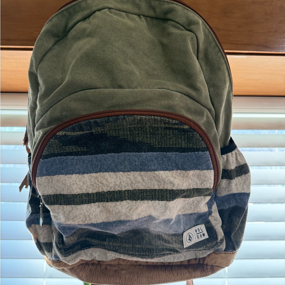 Volcom Backpack Woven Stripe Canvas Brown Blue Surf Skate Bag Boho Distressed